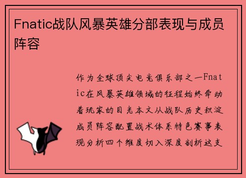 Fnatic战队风暴英雄分部表现与成员阵容